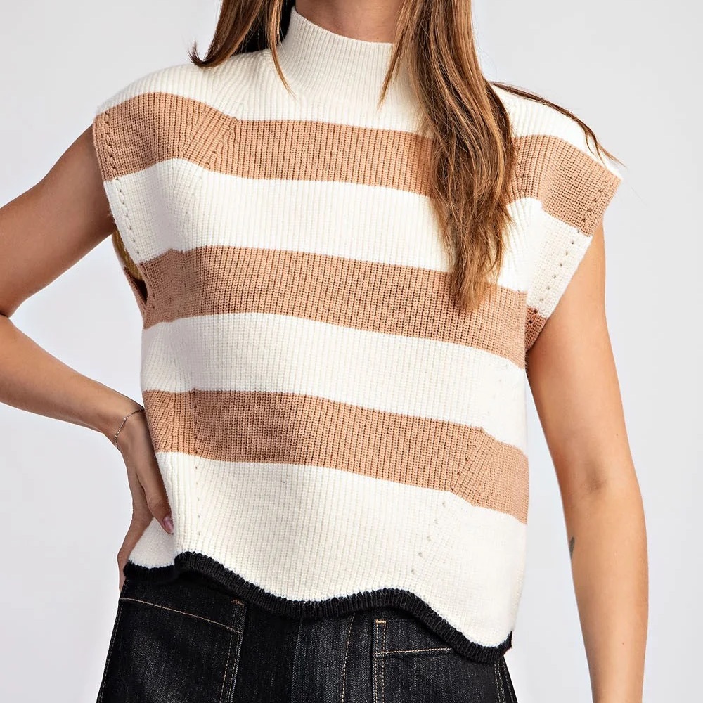 Striped Sleeveless Knit Turtleneck Sweater in Cream & Tan